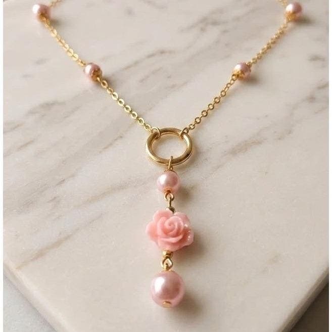 Handmade Y-Necklace Faux Pearl Pink Rose Magnetic Heart Closure Gold Tone