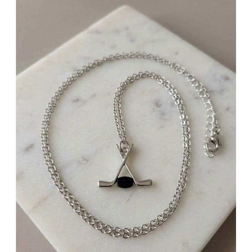 Handmade Necklace Stainless Steel Crossed Hockey Sticks Puck Pendant 24"