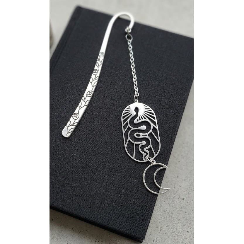 Handmade Bookmark Silver Snake Moon Rose Engraved Celestial Gothic Accessory