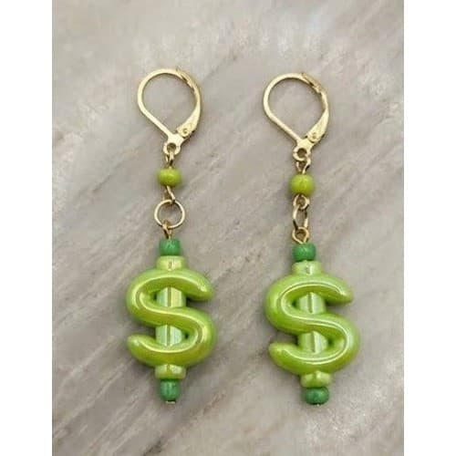 Handmade Earrings Green Dollar Sign Gold Tone Dangle Leverback $