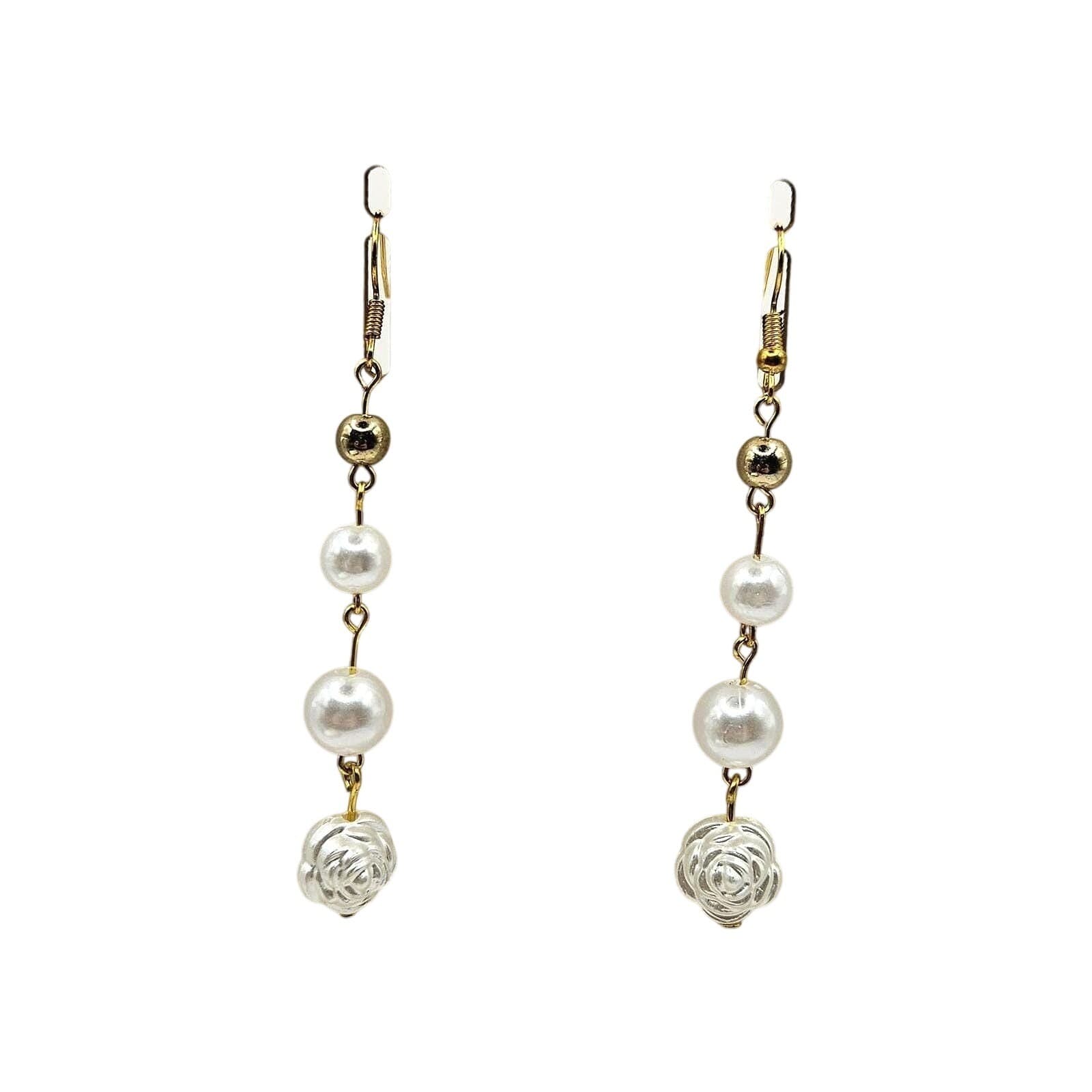 Faux Pearl Rose Dangle Earrings Gold Tone Drop Statement Handmade