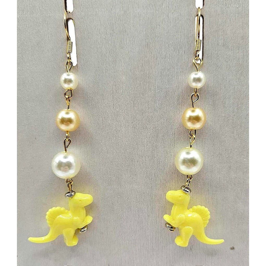 Dinosaur Earrings Yellow Spinosaurus Pearl Dangle Drop Fun Jewelry Handmade
