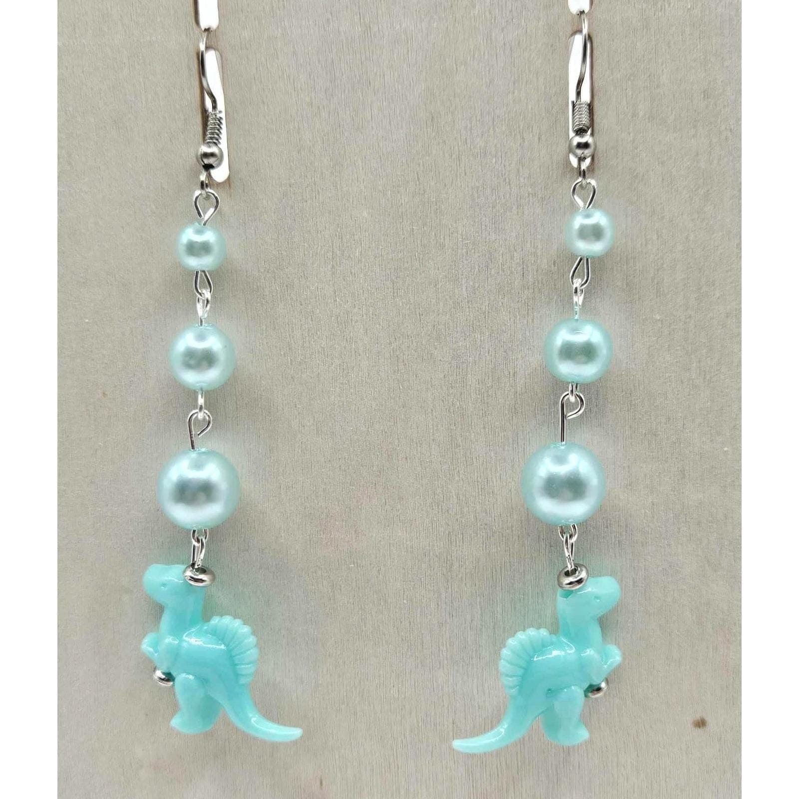 Dinosaur Earrings Blue Pearl Drop Dangle Fun Quirky Statement Jewelry Handmade