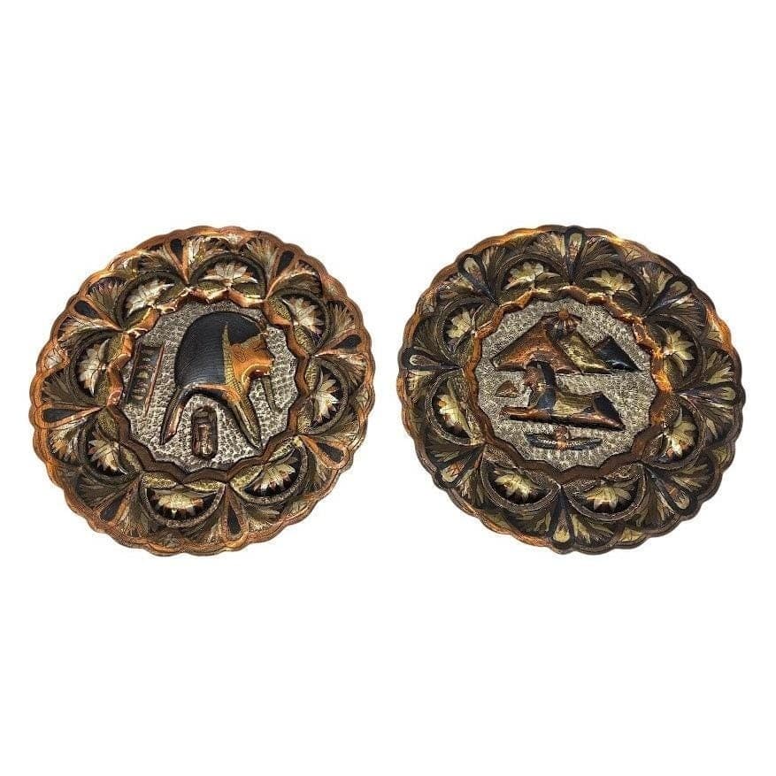 Handmade Egyptian Brass Plates Set of 2, Pharaoh Sphinx 8.5" Mixed Metal