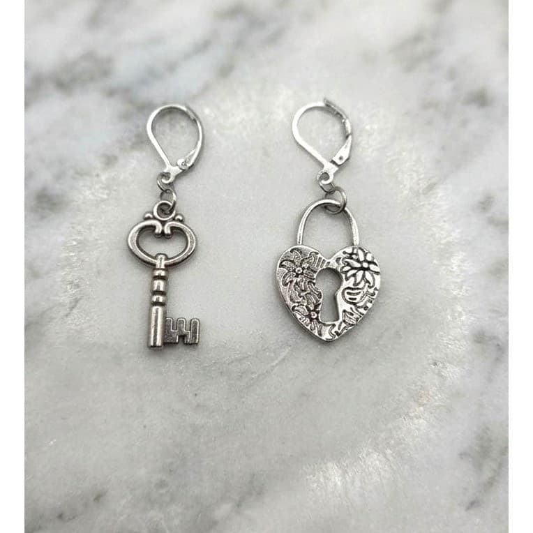 Handmade Lock and Key Earrings Whimsy Silver Tone Leverback Heart Skeleton Key