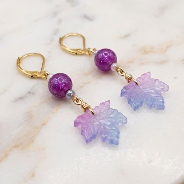 Handmade Earrings Purple Blue Ombre Leaf Gold Tone Drop Dangle Leverback