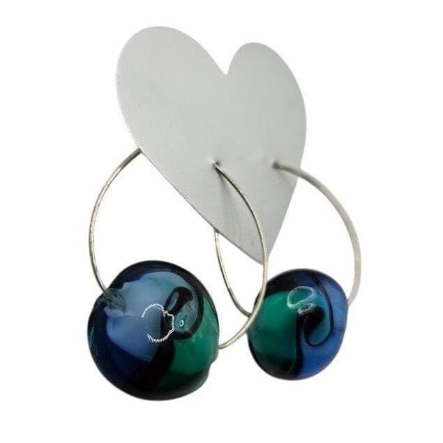 Handmade Hoop Earrings Artisan Glass Lampwork Blue Green Swirl Minimalist