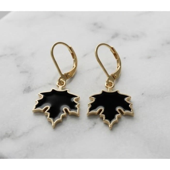 Handmade Earrings Gold Toned Black Fall Goth Leaf Leverback Stainless Steel