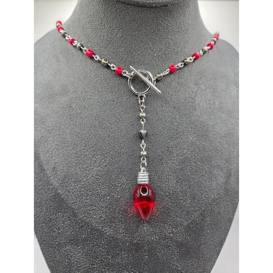 Handmade Necklace Y-Shape Rosary Red Silver Bead Christmas Light Charm # Festive