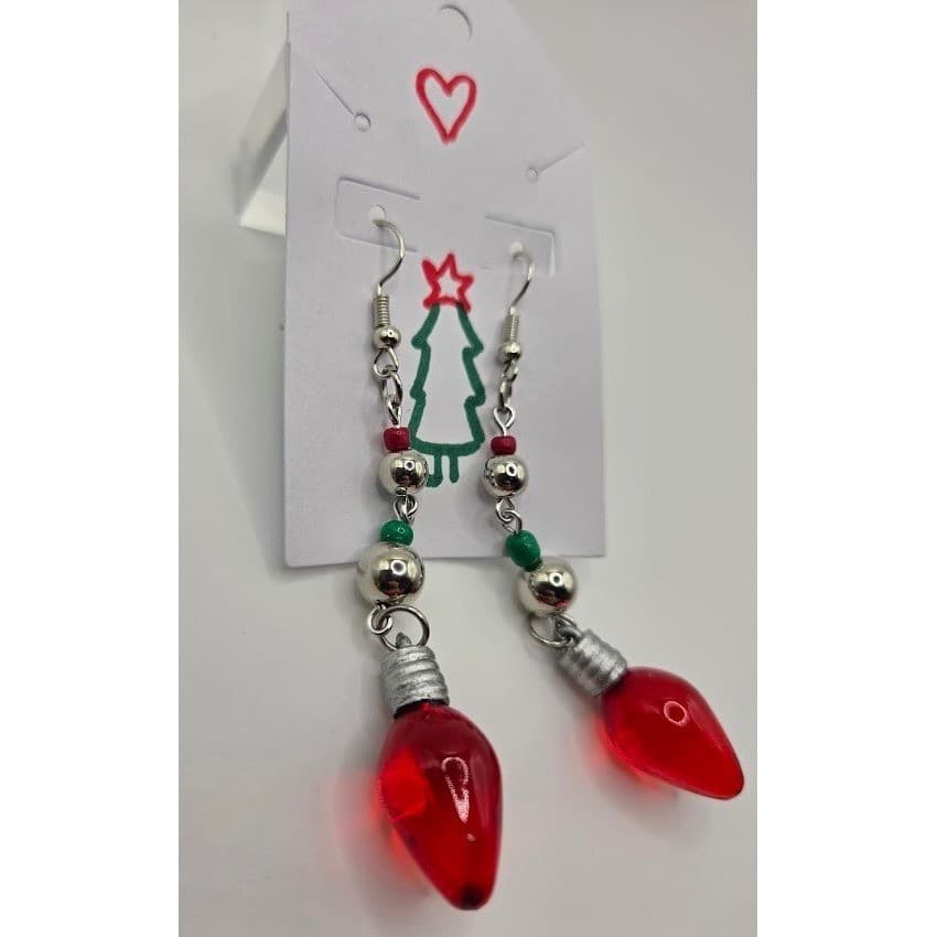 Handmade Earrings Red Christmas Light Bulb Dangle Holiday Jewelry