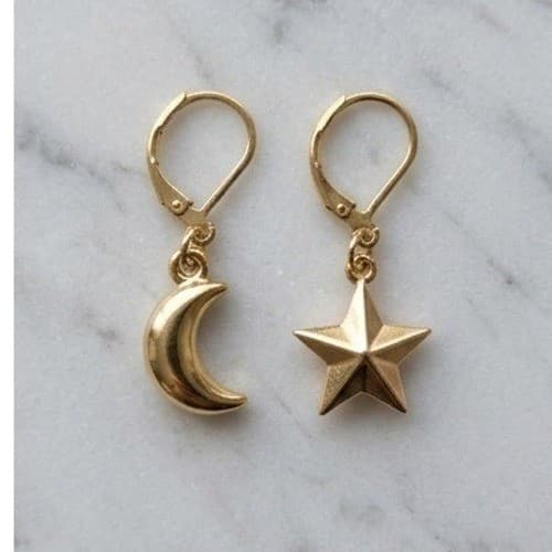 Handmade Earrings Crescent Moon and Star Leverback Celestial Gold Tone