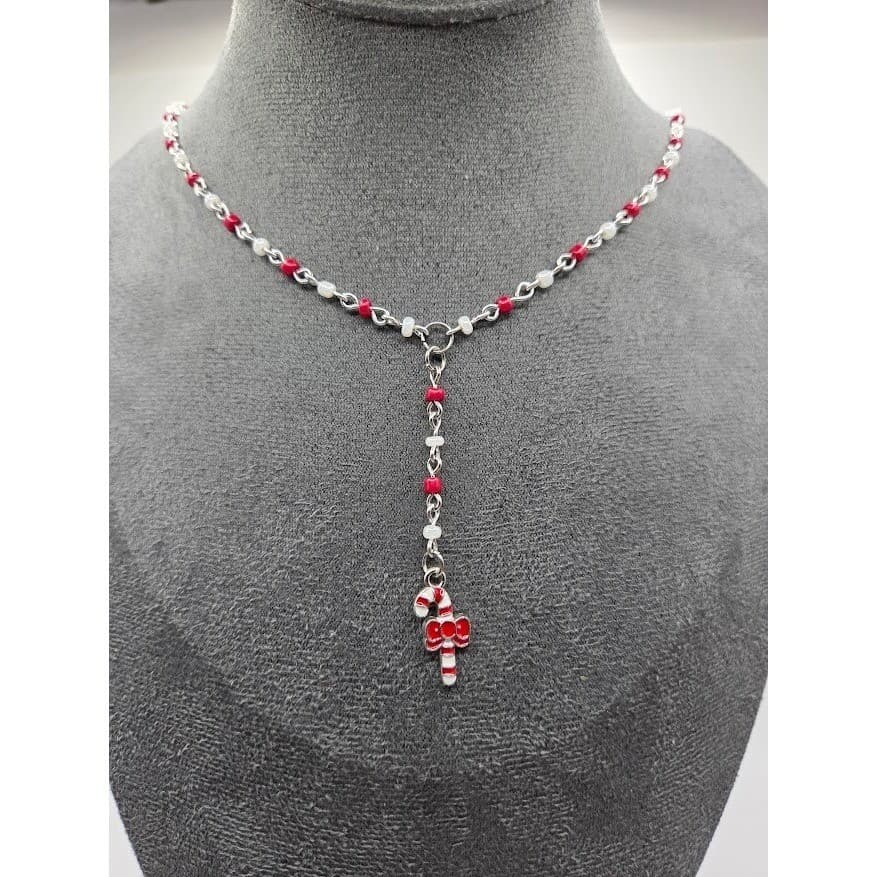 Handmade Necklace Red Faux Pearl Beaded Y-Shape Candy Cane Holiday # Festive