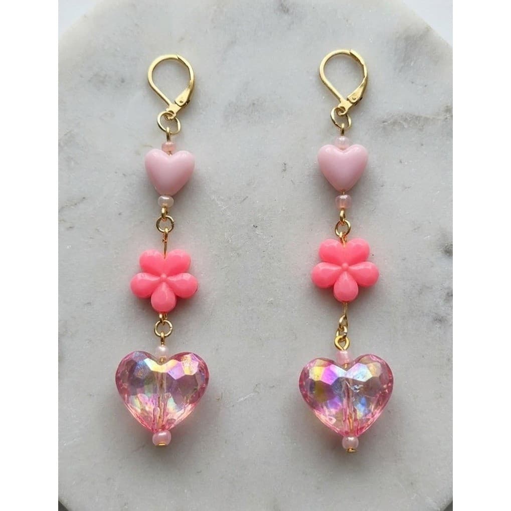 Handmade Earrings Gold Tone Pink Floral Heart Drop Dangle Leverback Kidcore