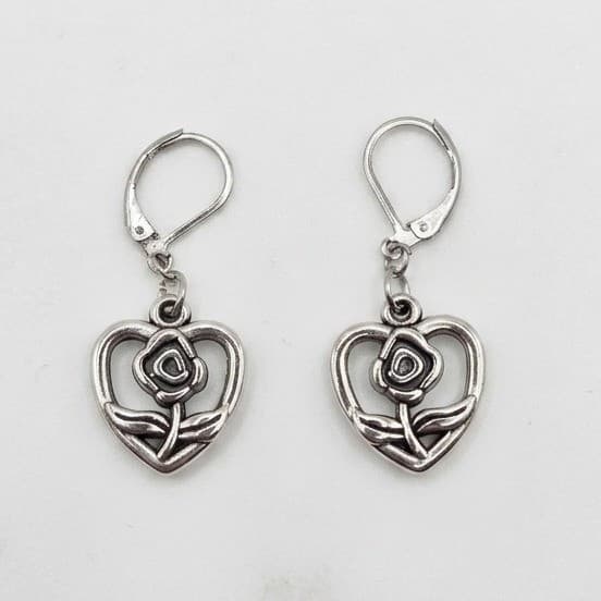 Handmade Earrings Silver Tone Romantic Heart Rose Leverback Hypoallergenic