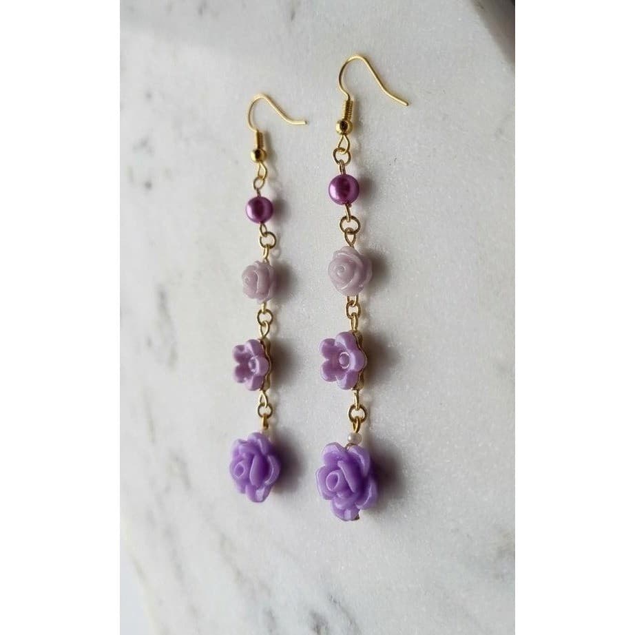 Handmade Drop Earrings Purple Floral Faux Pearl Gold Tone Hypoallergenic