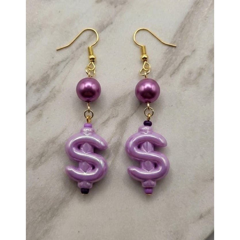 Handmade Earrings Purple Faux Pearl Money Sign Weird Drop Dangle Hypoallergenic
