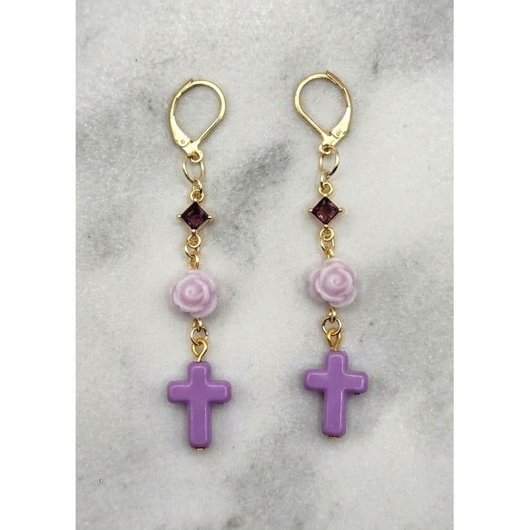 Handmade Earrings Gold Toned Purple Rose Cross Faux Gemstone Leverback Romantic