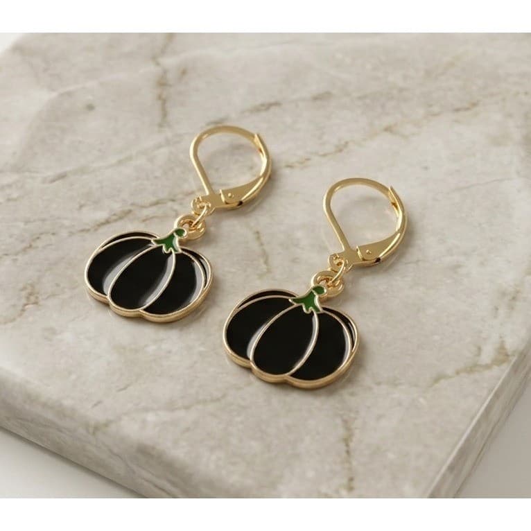 Handmade Earrings Gold Tone Black Goth Pumpkin Leverback Hypoallergenic Fall