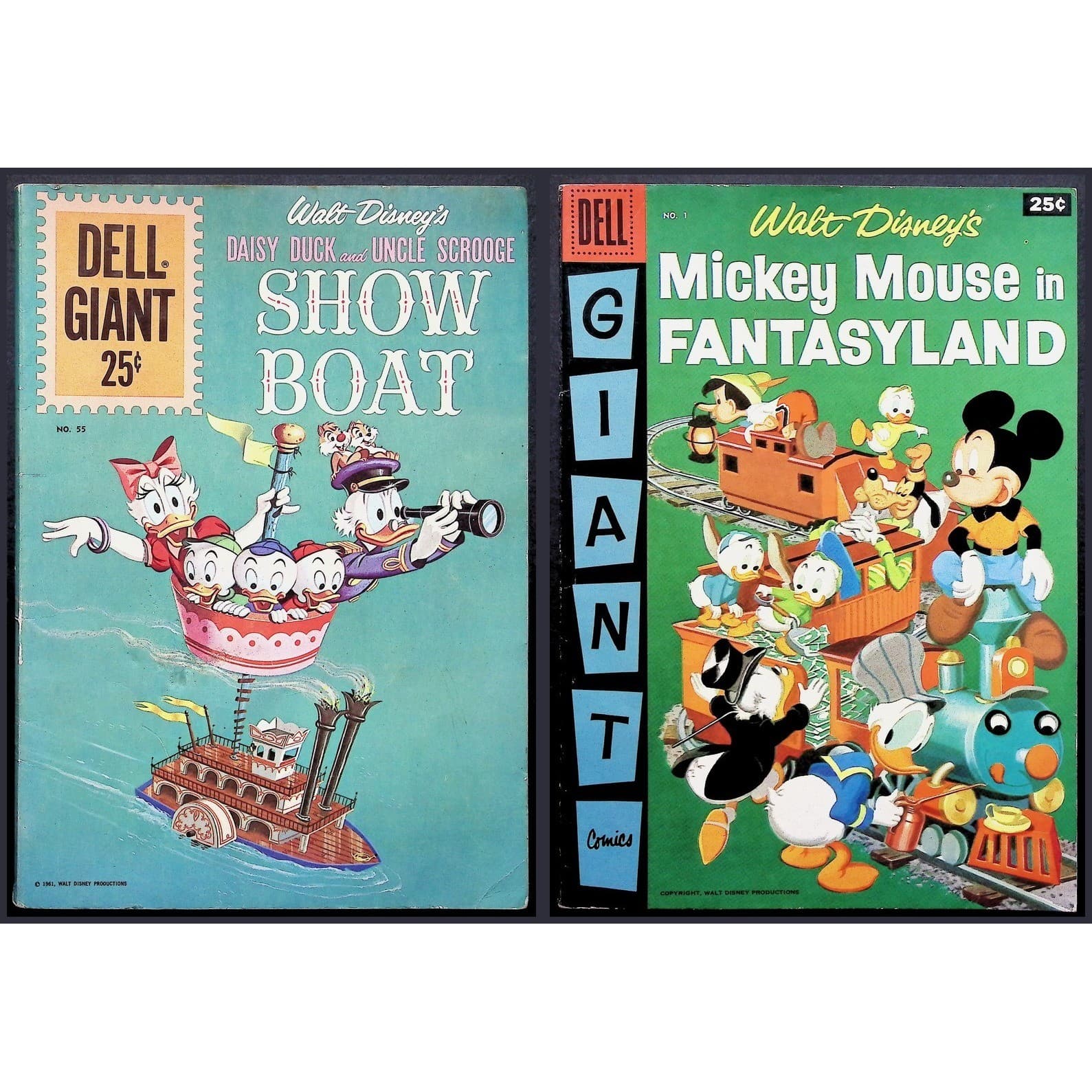 Walt Disney Dell Giant Comic Book #1 & #55 Mickey Mouse Key Vintage Lot