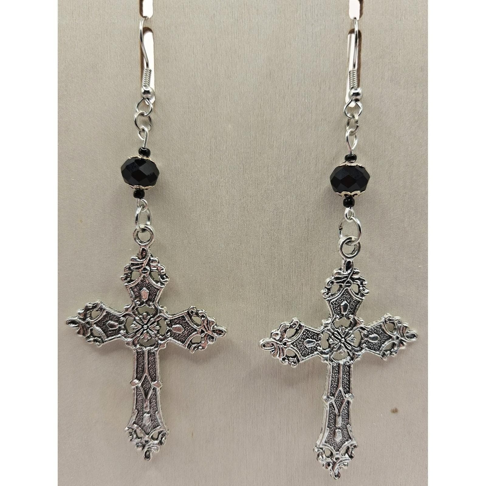 Goth Cross Beaded Earrings Handmade Dangle Victorian Style