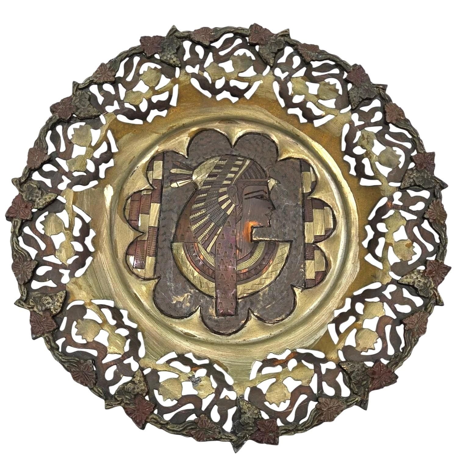 Handmade Egyptian Plate Brass Copper Pharaoh Profile Grape Border 15"