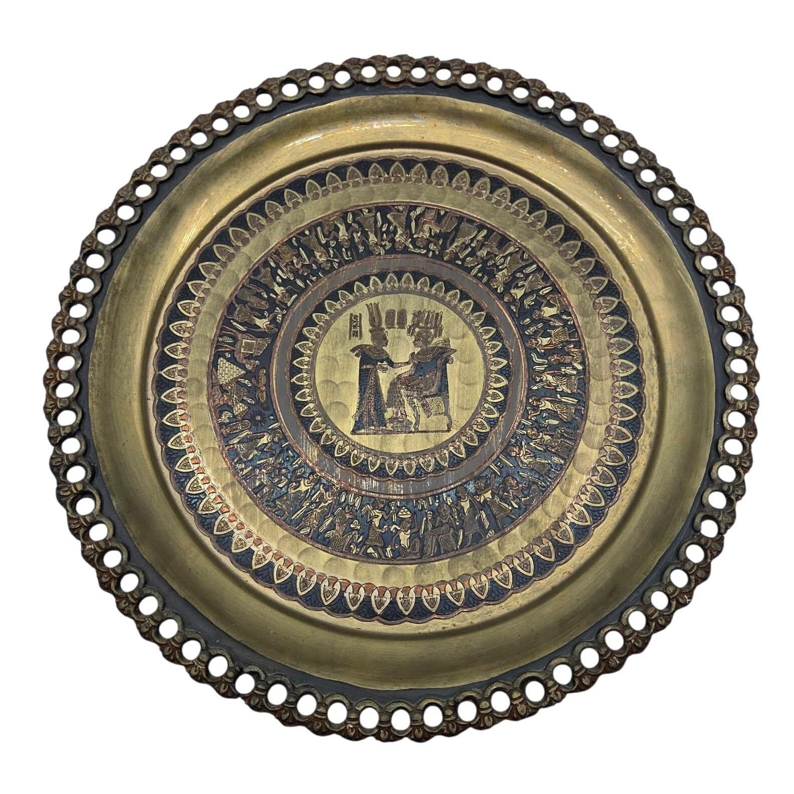 Handmade Karnak Shop Egyptian Wall Plate Copper Brass Pharaoh 15.5"