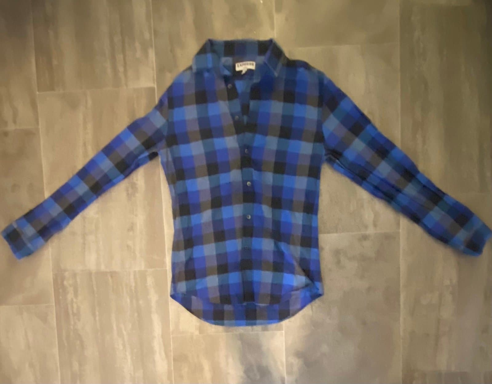 Black and blue plaid express button up long sleeve