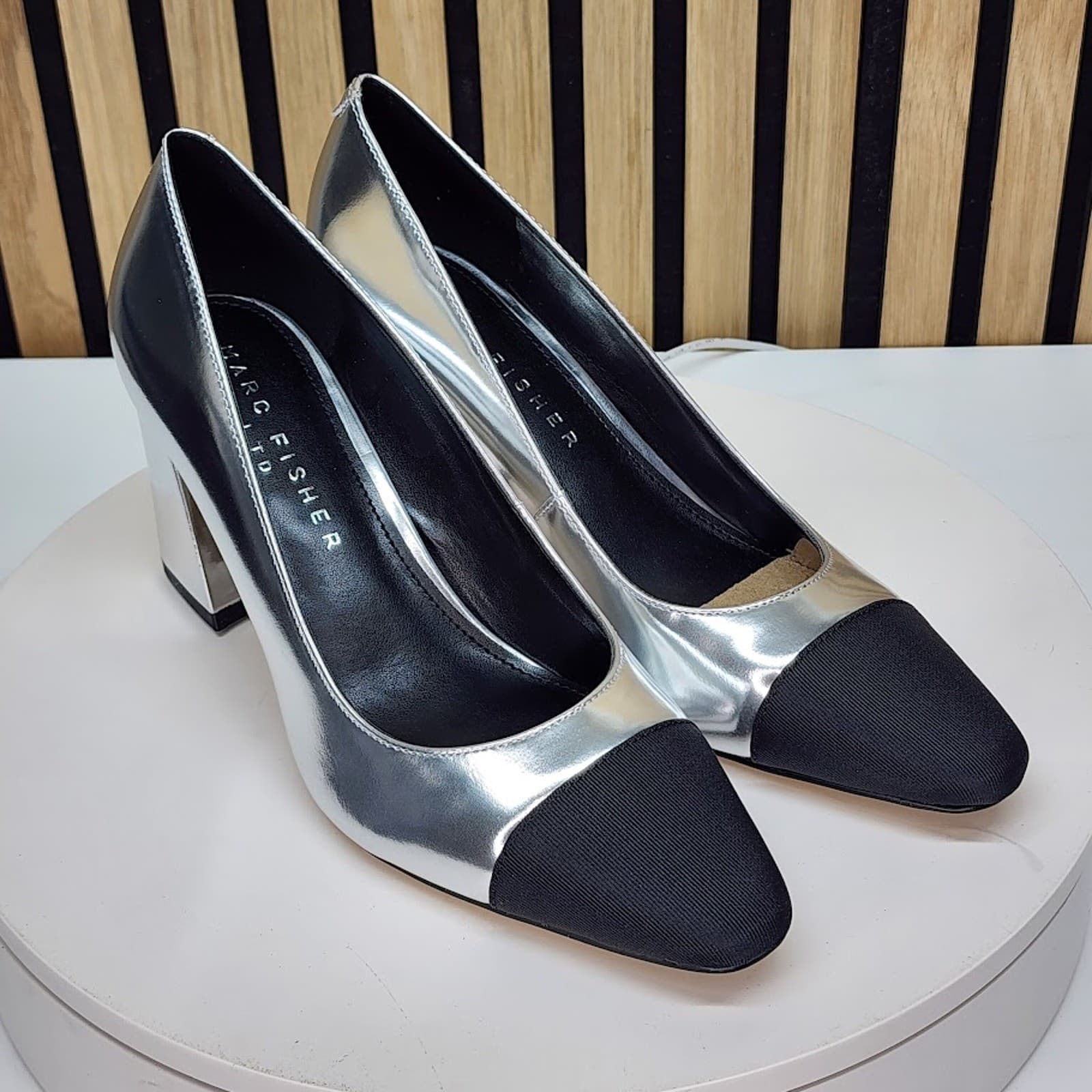 NEW - Marc Fisher Vernie Women’s Silver Black Pumps Slip On Block Heel Size 7 M