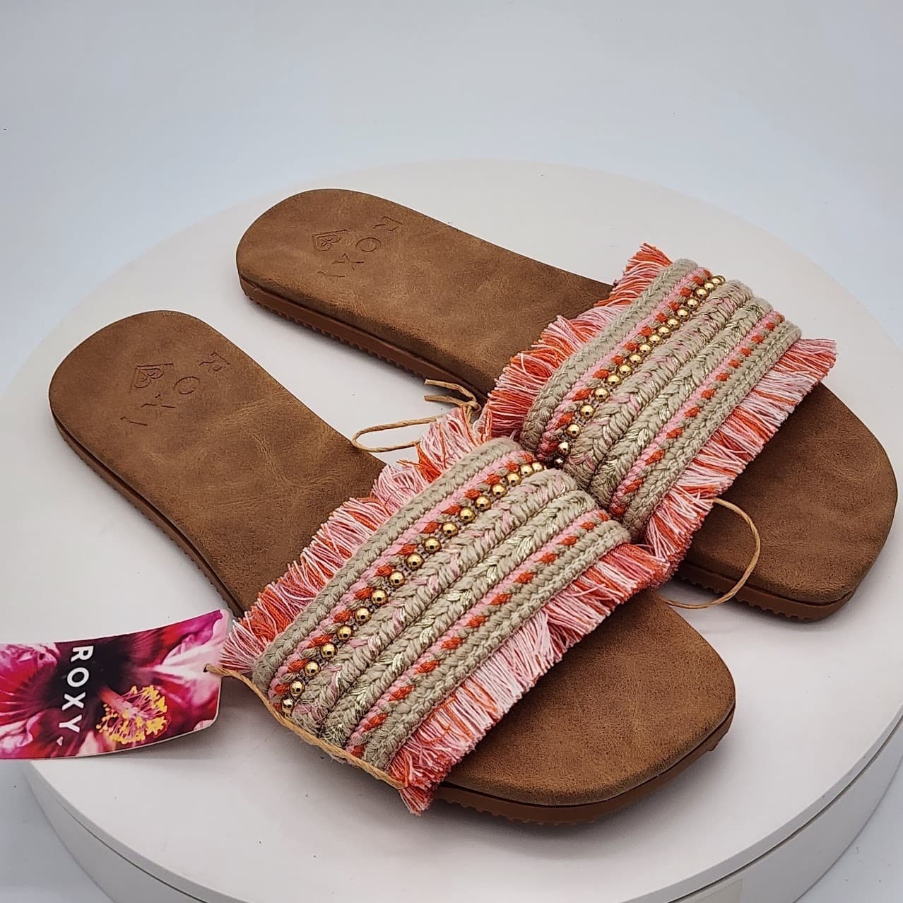 NEW - Roxy Women's Fringe Slide Sandals Pink Multi Boho Beach Size 10