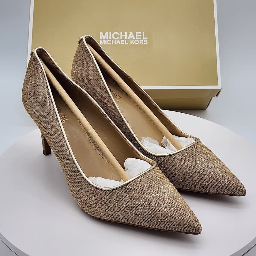 NEW Michael Kors Alina Flex Pump Pale Gold Glitter Chain Mesh Heels Size 5.5M