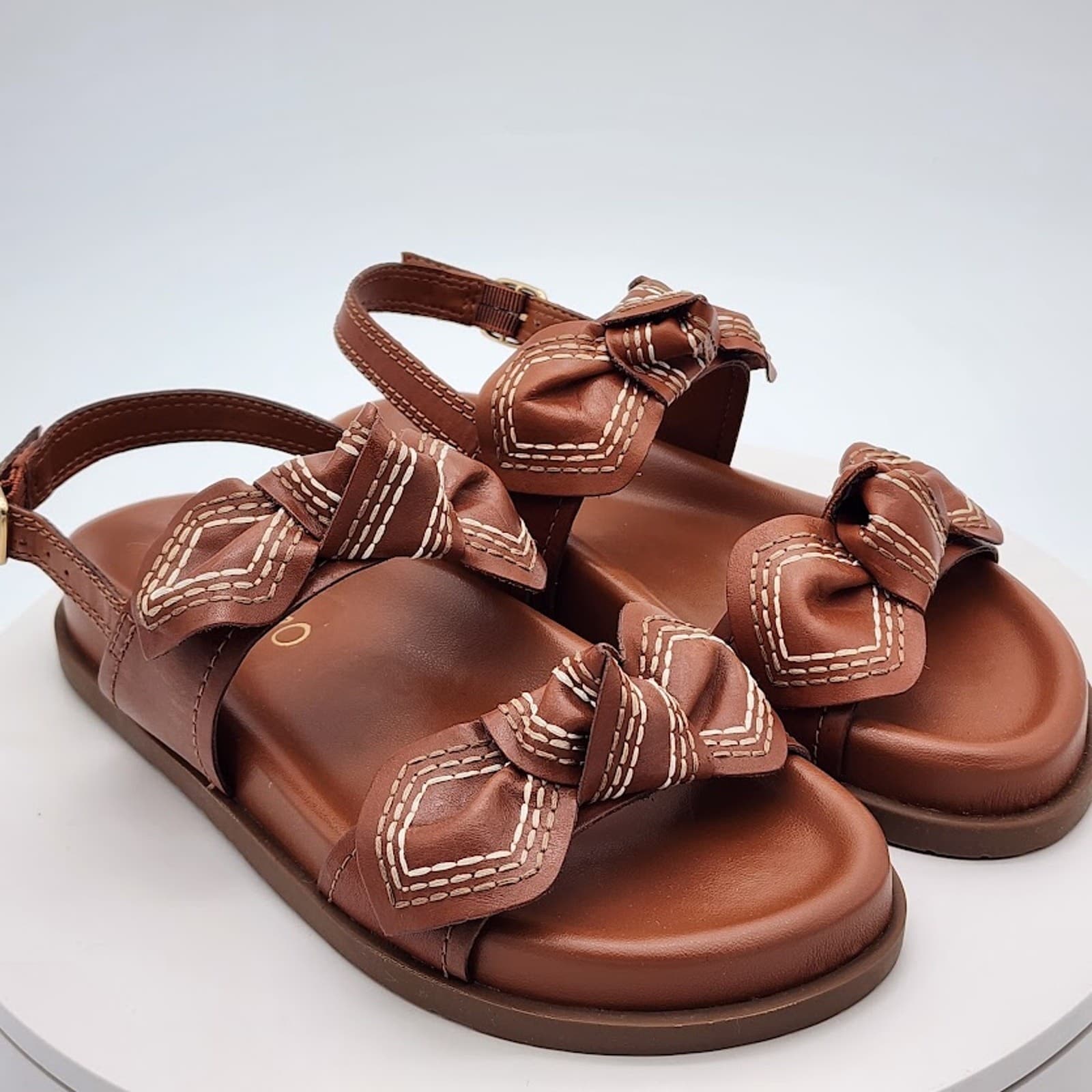 NEW Arezzo Women's Brown Leather Bow Flat Sandals Size 6B Slingback Shoes