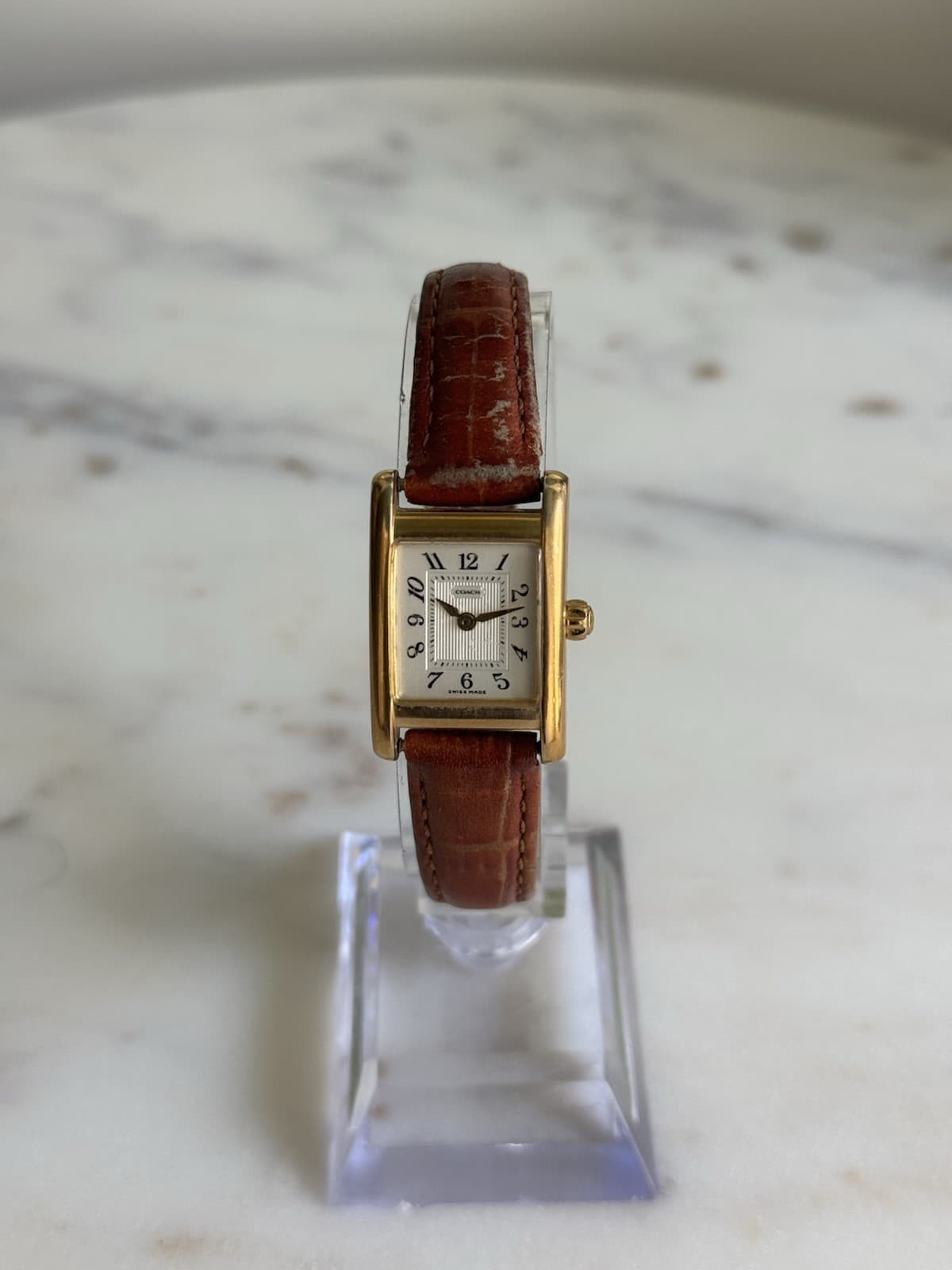 Vintage Coach W003B Swiss Made Tank Watch Gold Tone 21mm Brown Leather Strap
