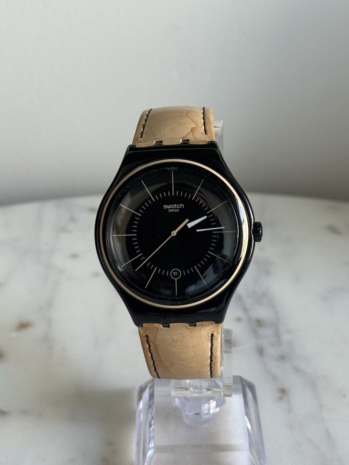 Swatch Swiss Black Dial Quartz Watch 42mm Black Case Tan Leather Strap Date