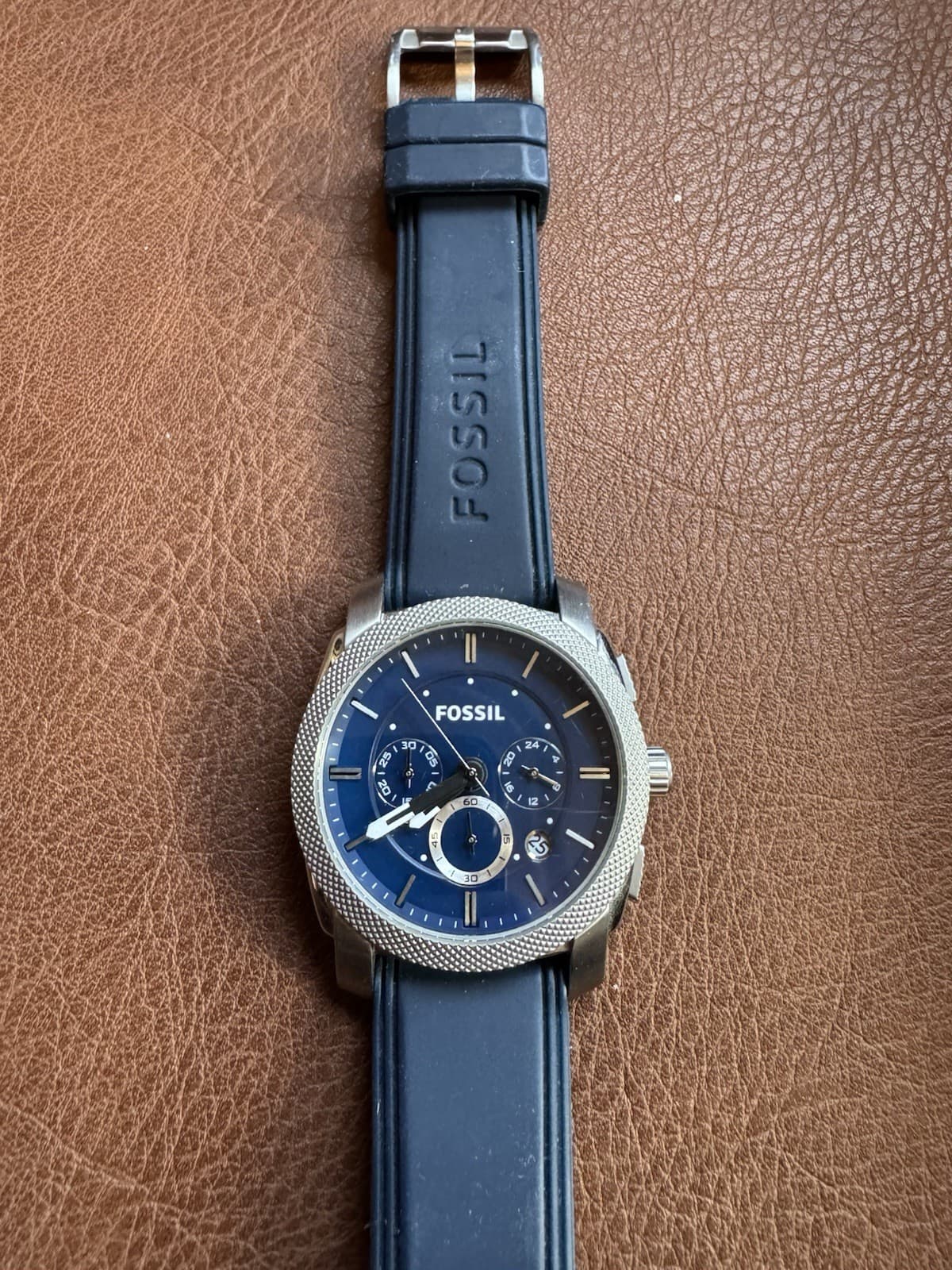 Fossil Blue Machine Chronograph 42mm Stainless Steel Watch Silicone Strap Date