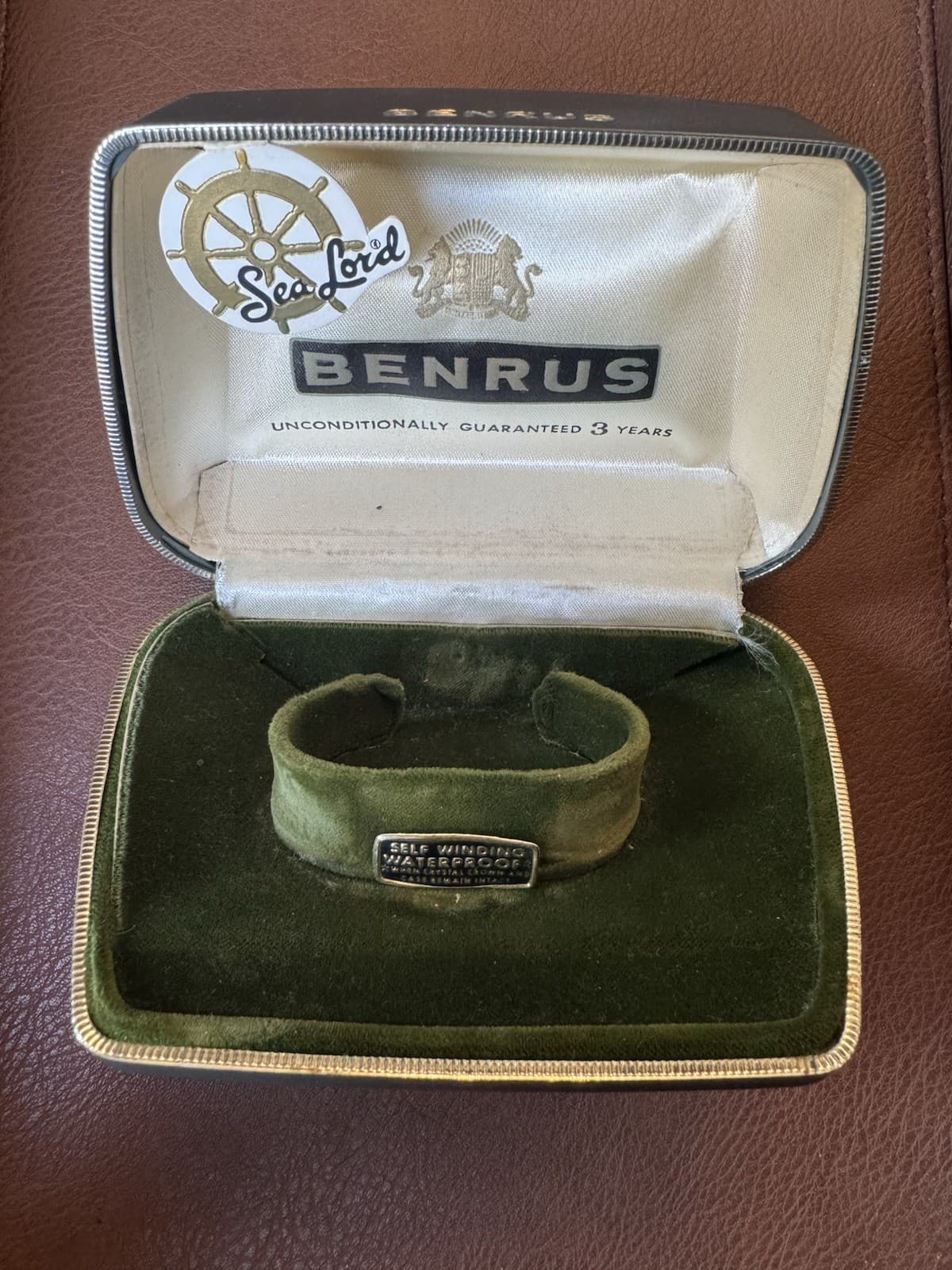 Vintage BENRUS Sea Lord Watch Display Box Green Velvet Case Empty Watch Box USA