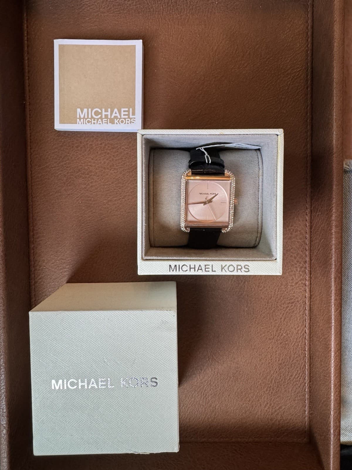 Michael Kors MK2611 Rose Gold Crystal Bezel Women’s Watch Black Leather Strap