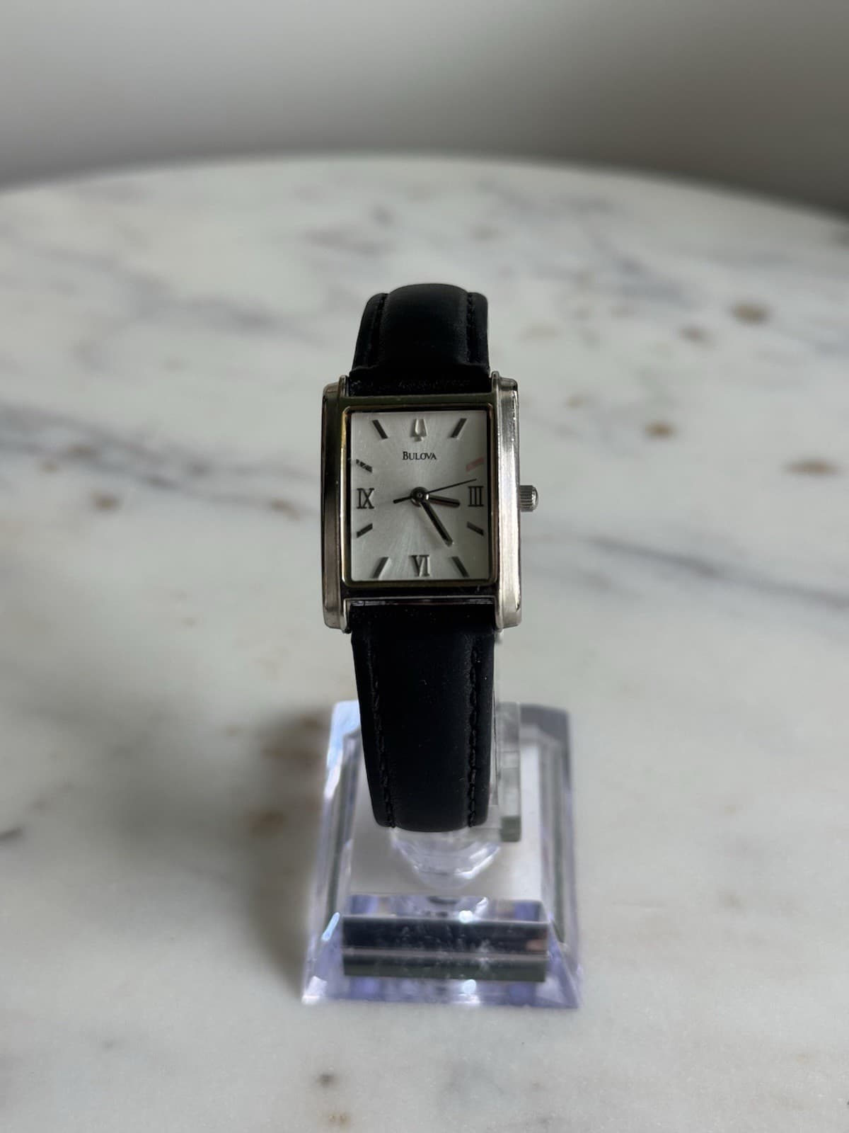 Vintage Bulova Ladies Tank Quartz Silver Dial 22mm Stainless Steel Leather Strap