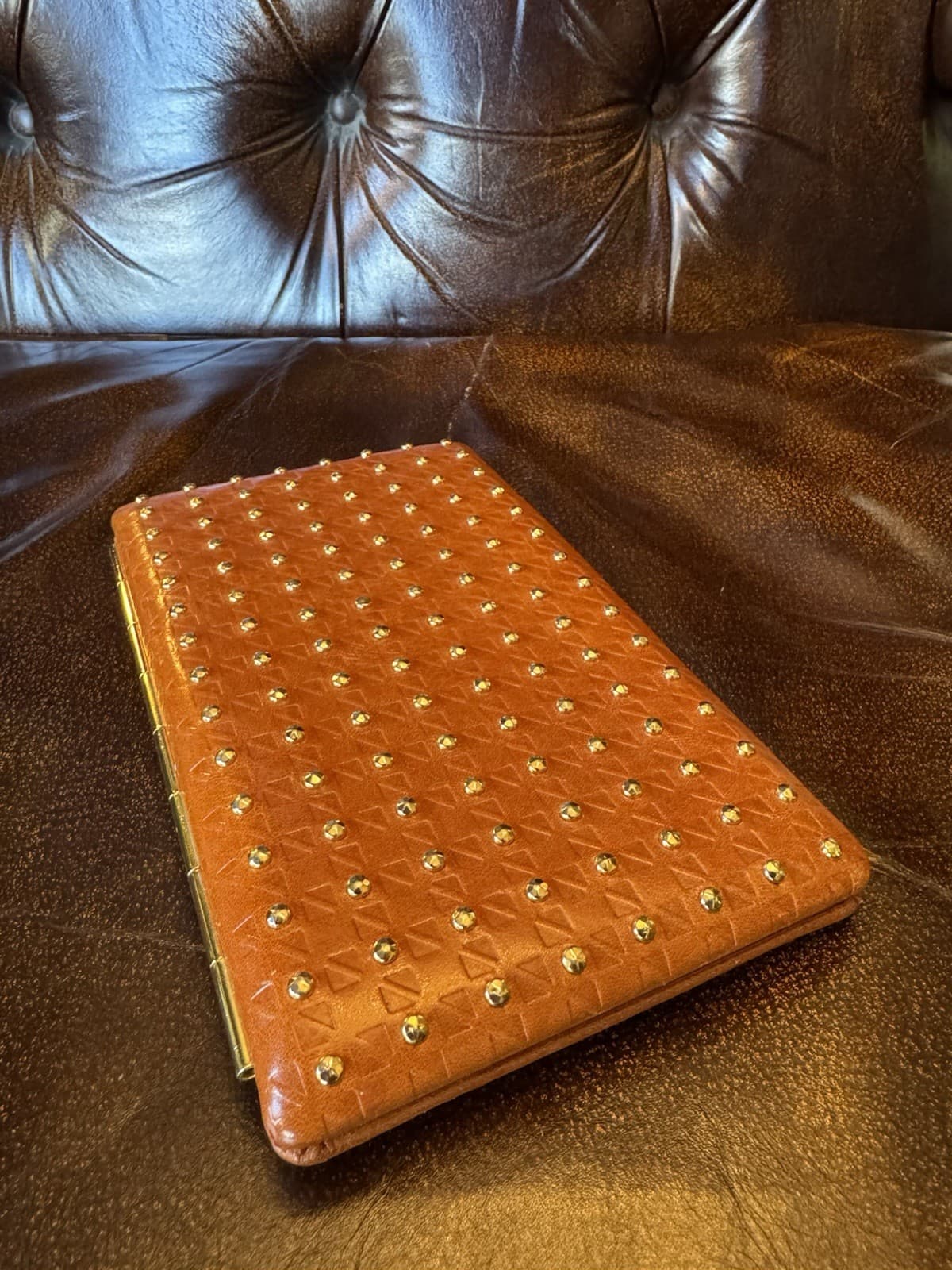 80's NOS Vintage ABAS Cognac Leather Studded Clutch Wallet Frame Purse Organizer