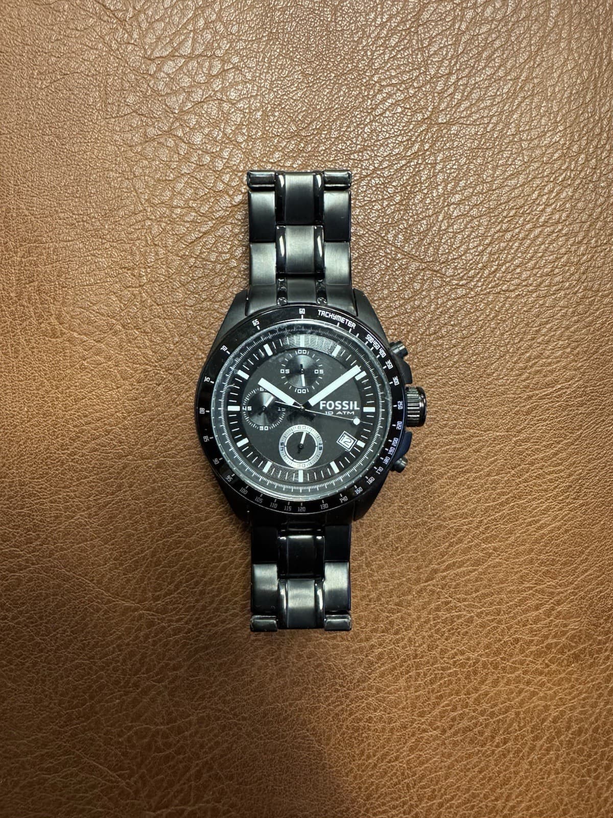 Fossil CH2601 Black Chronograph Watch NOS 46.5mm Tachymeter Date Steel Bracelet