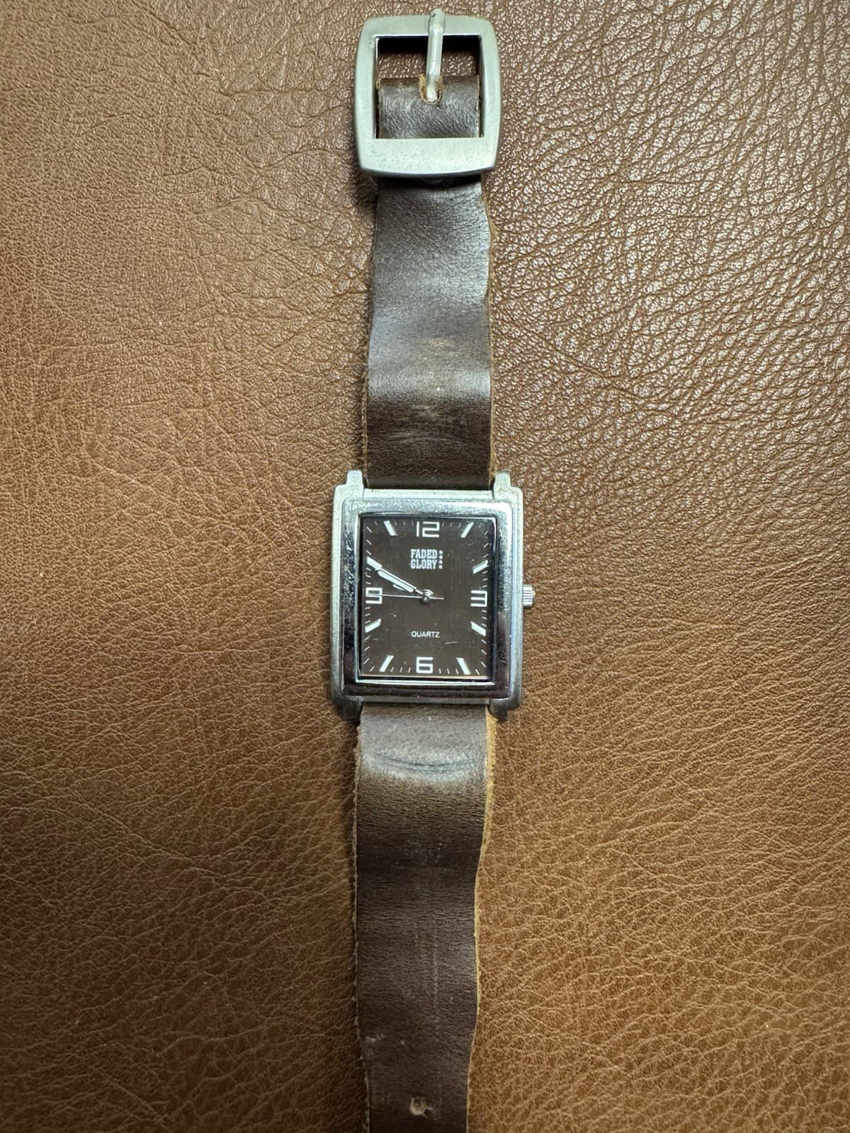 Vintage FADED GLORY Rectangular Quartz Watch Brown Leather Strap 30x33mm