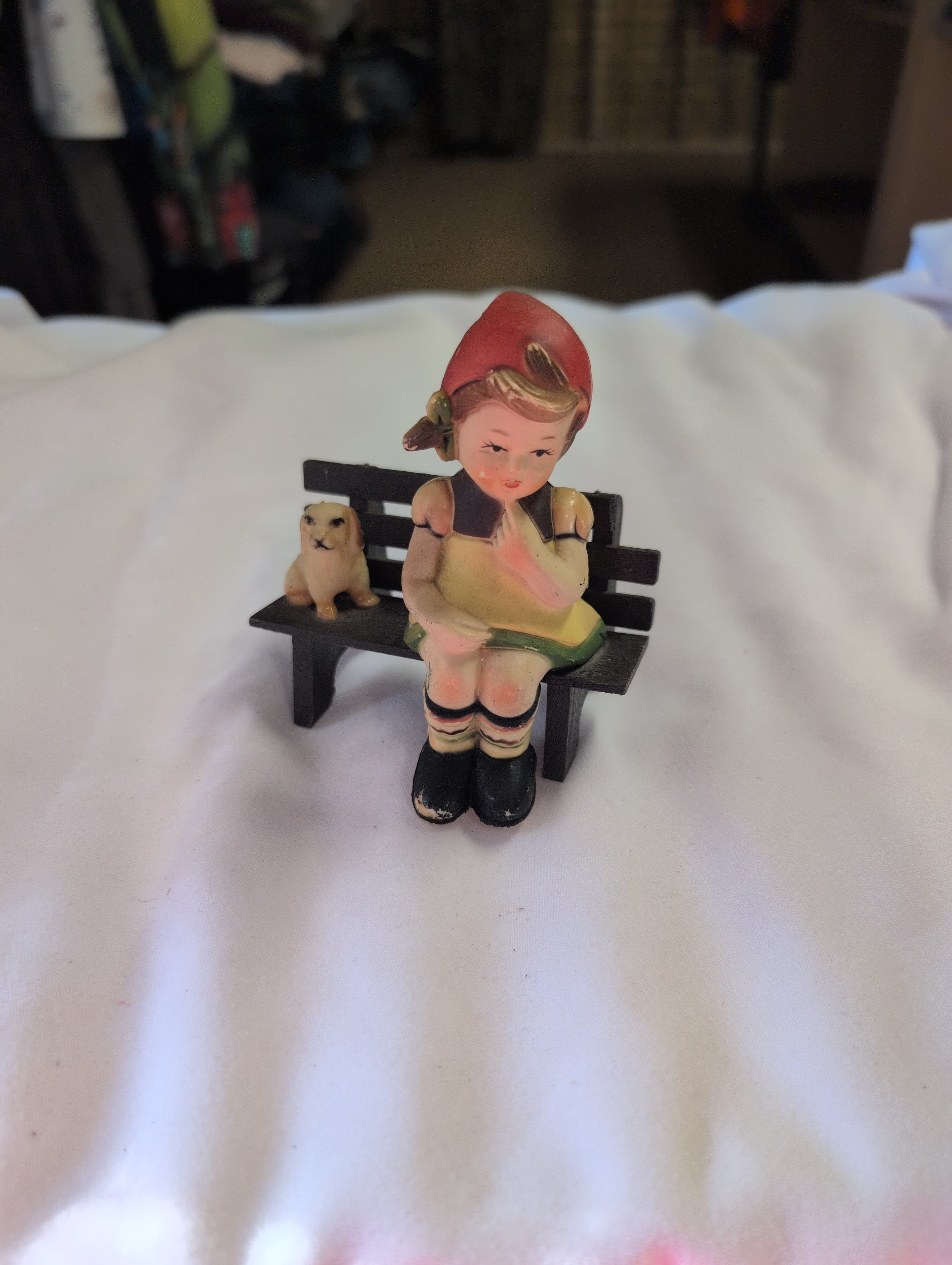 Vintage plastic Figurine Girl on Bench with Dog