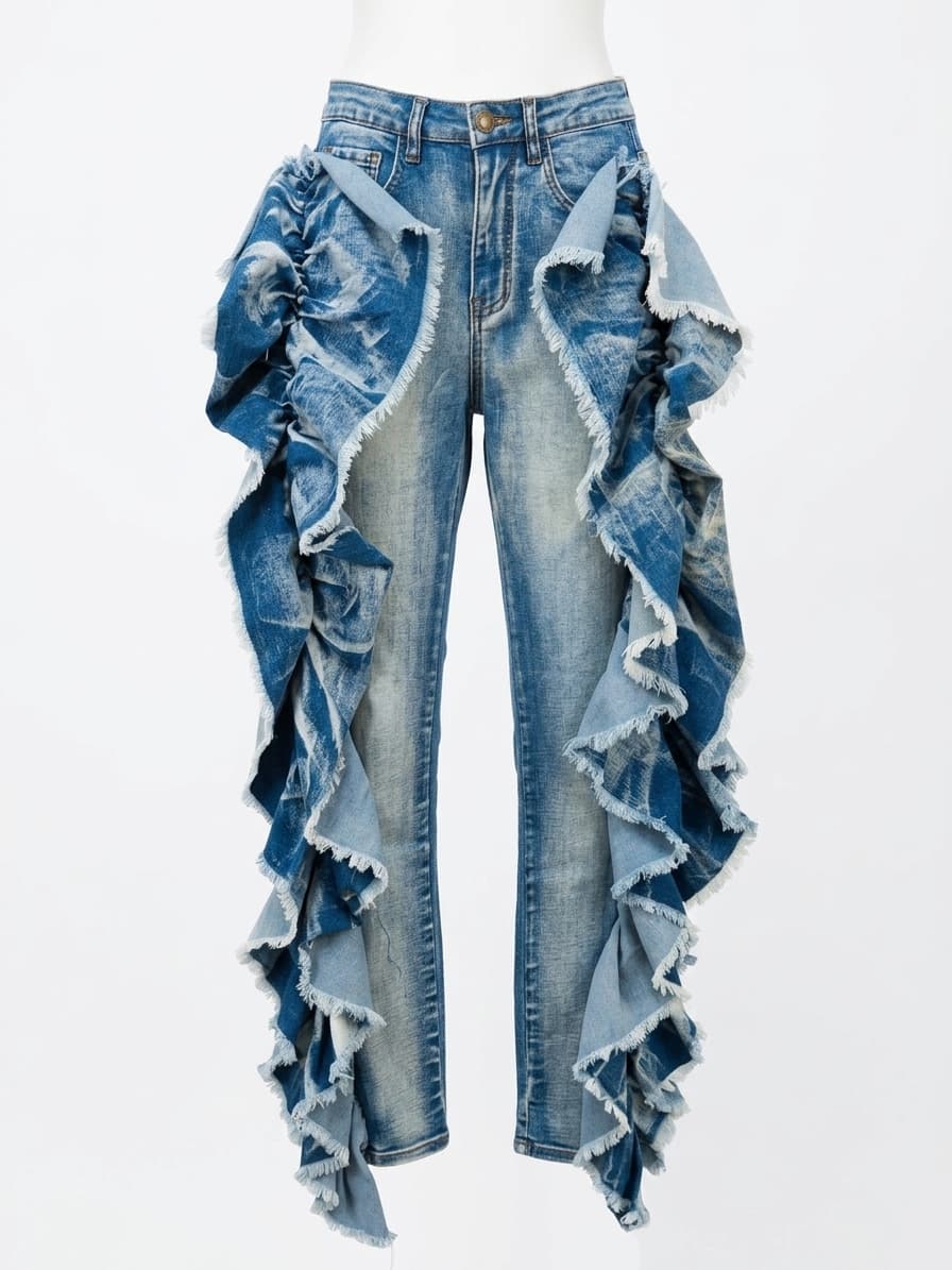 Ruffled Denim Jeans with Fringe Detail