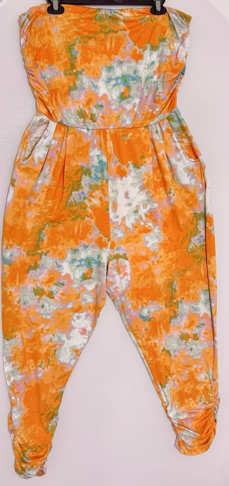 Jolie & Joy Jumpsuit XL Strapless Orange,Blue Blk Geometric Print Runched Leg