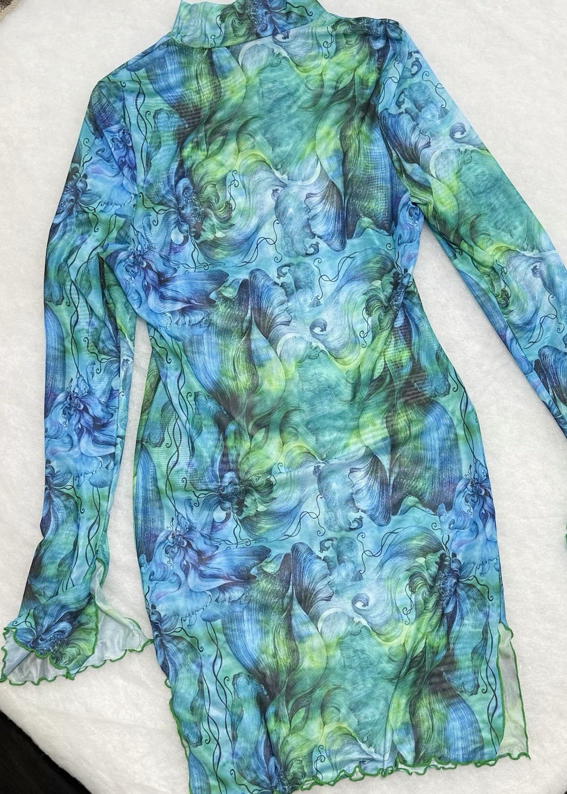 Women’s Blue Green Abstract Floral Mesh Bodycon Dress Long Sleeve Mock NeckSheer