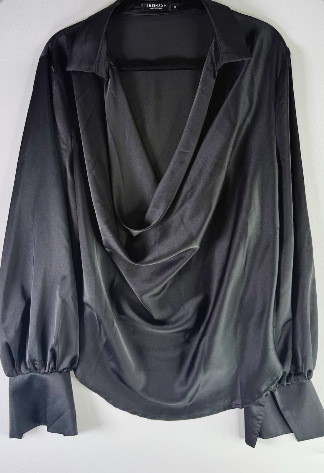 Shein SXY Black Satin Cowl Neck Blouse Long Sleeve Top