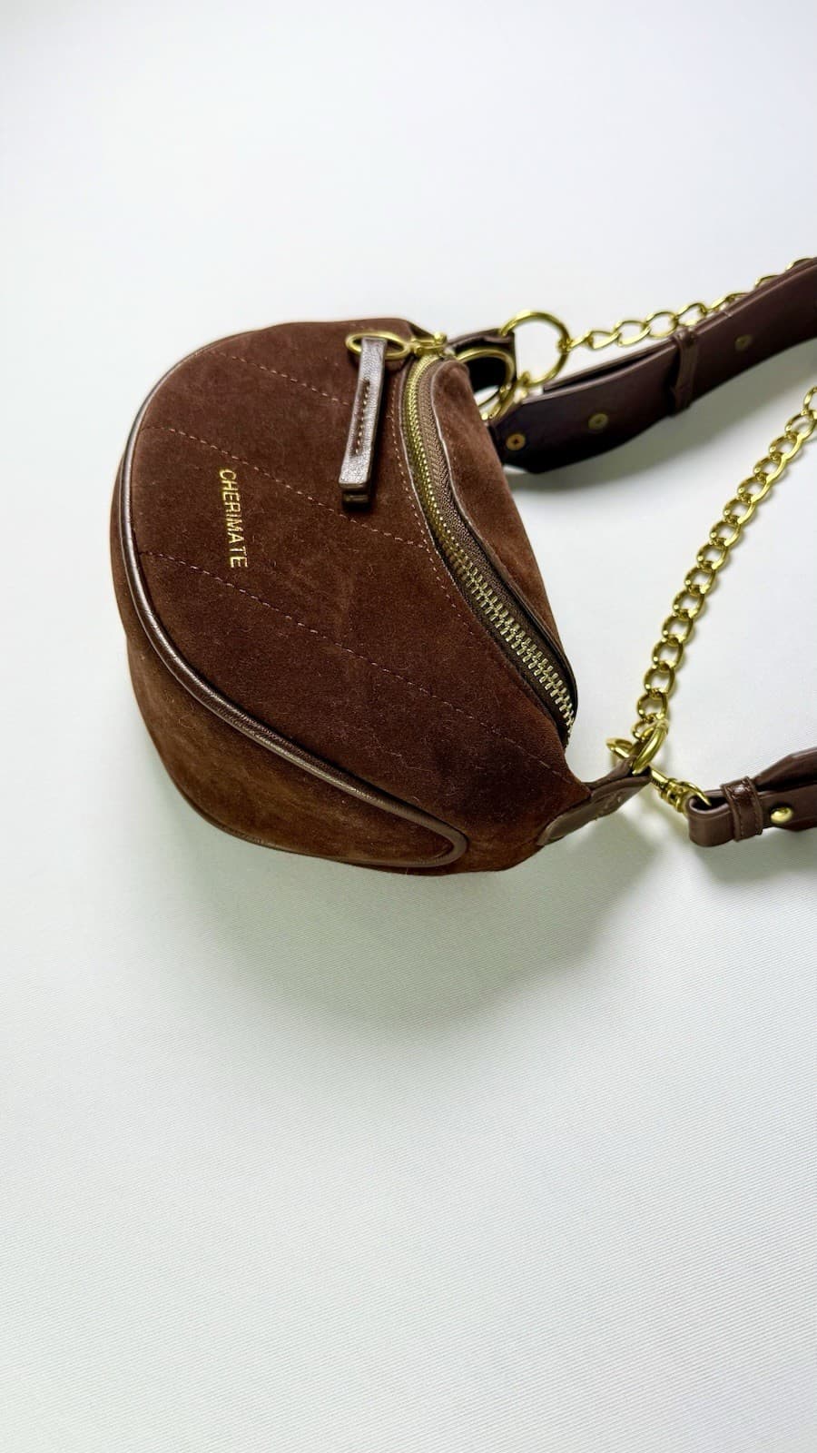 Cherimate Brown Suede Crescent Shoulder Bag Gold Chain Adjustable Strap Zip Top