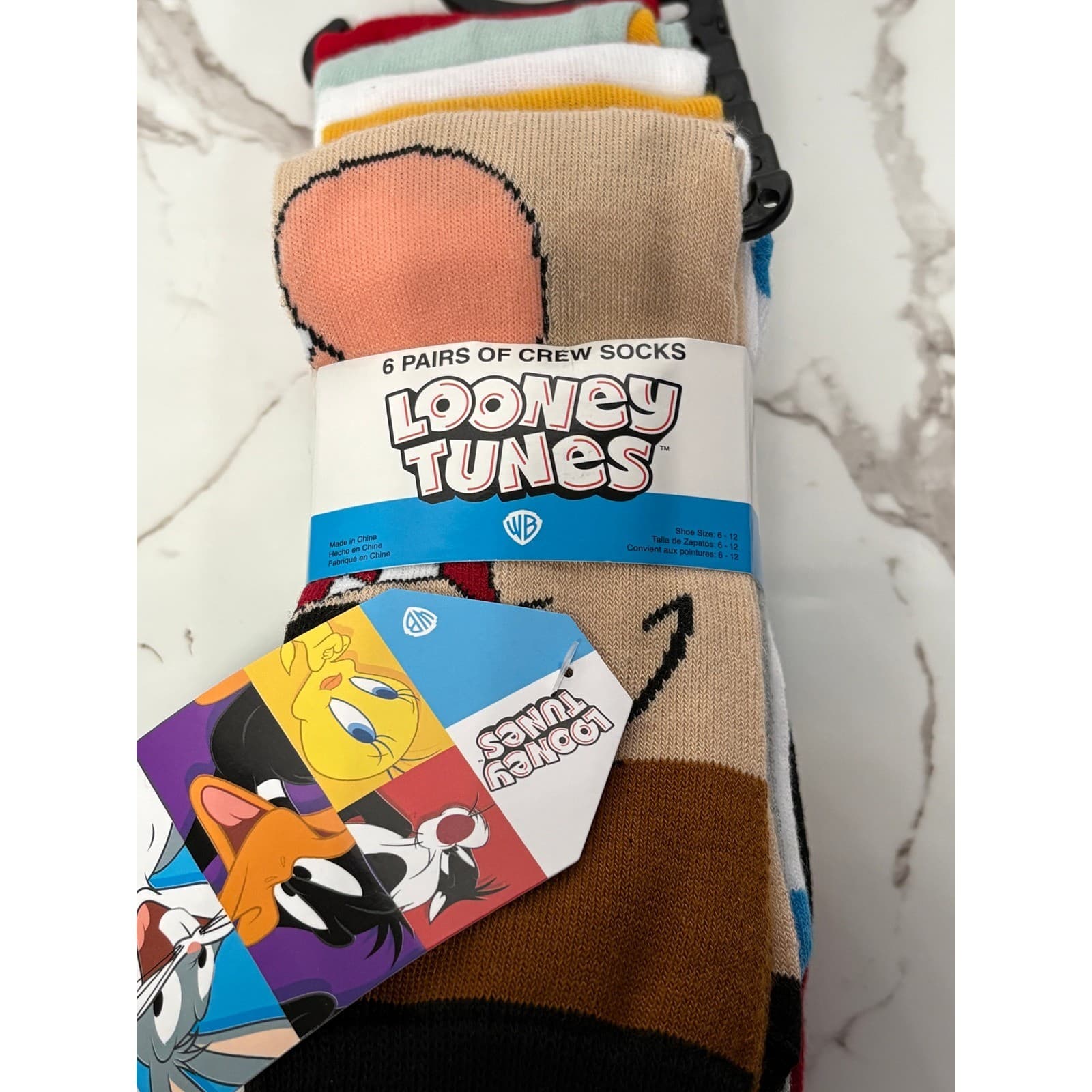 Looney Tunes Mens Crew Socks 6 Pairs Bugs Bunny Daffy Duck Taz Multi Color New