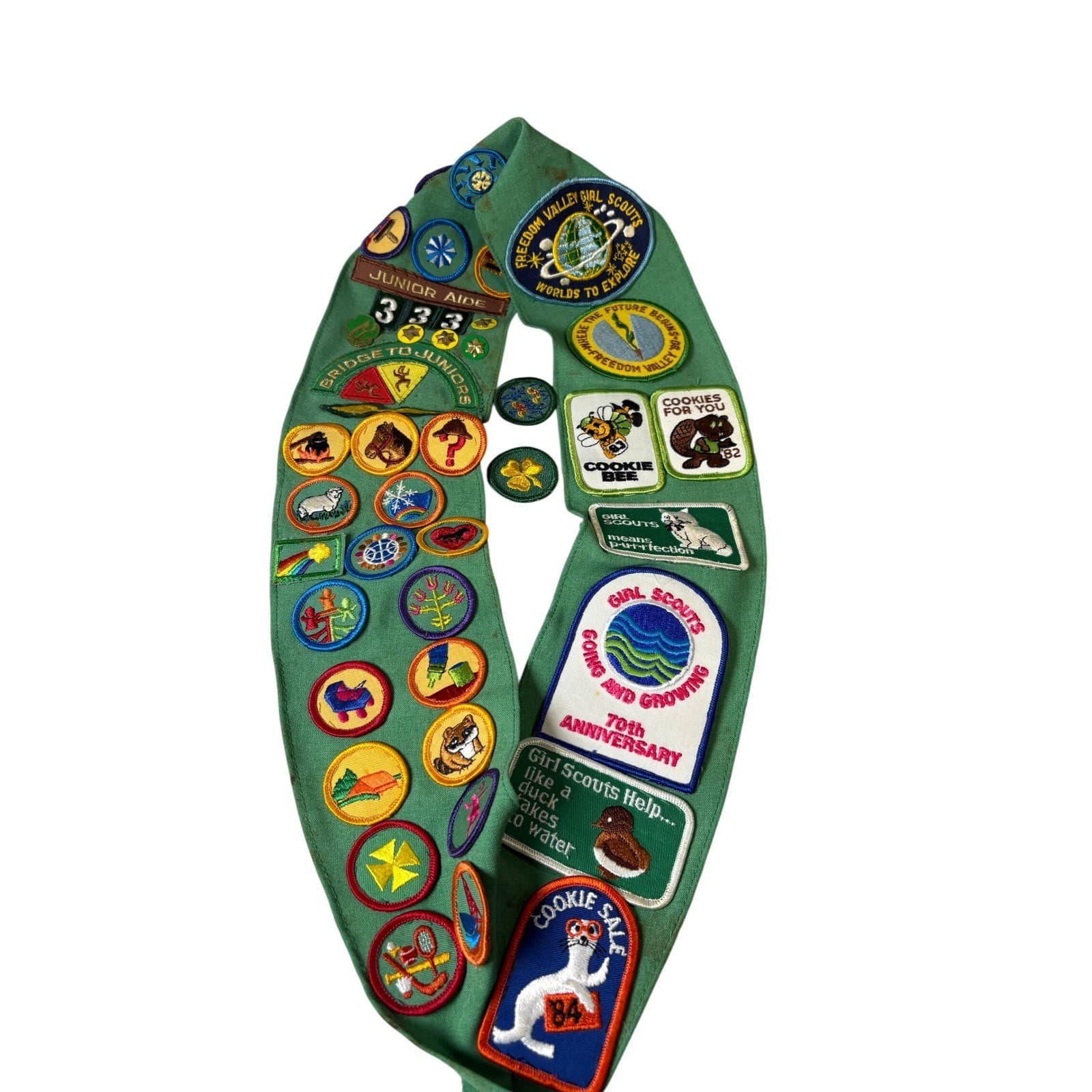 Vintage Girl Scouts Junior Sash Green with 1980s Patches Pins Troop 333 GSA