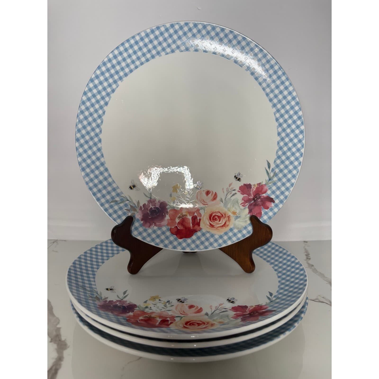 Harvest Green Studio Porcelain Dinner Plates Blue Gingham Floral Bee Set of 4