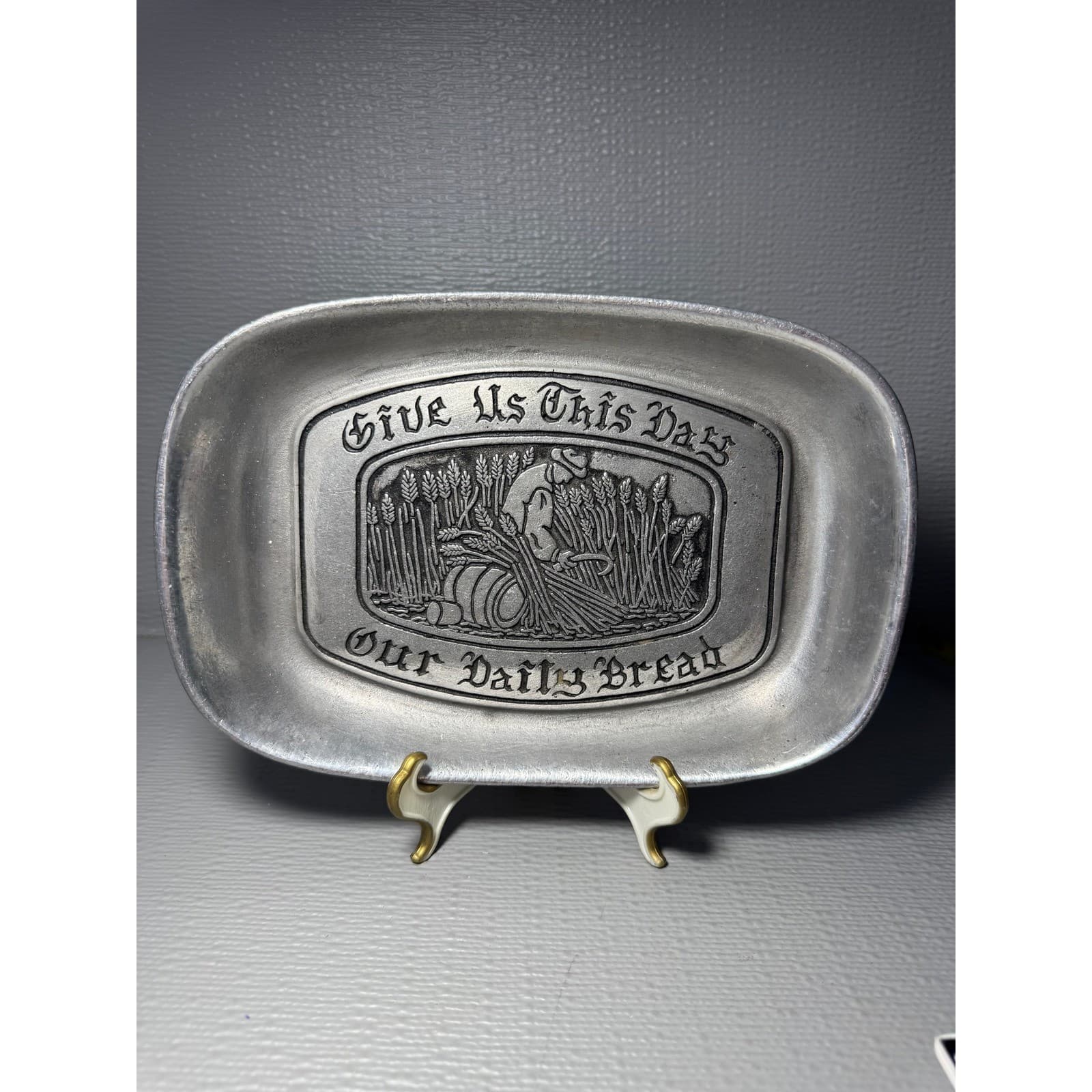Vintage Cast Aluminum Give Us This Day Our Daily Bread Tray Platter 9in